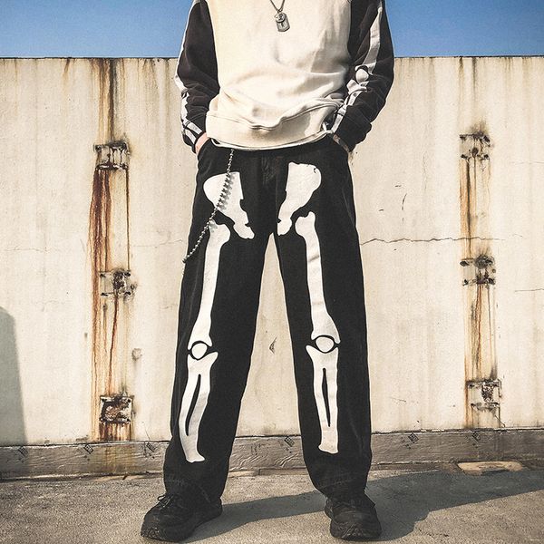 

men skeleton oversized black jeans pants 2021 denim mens streetwear hip hop harem pants high wasit denim overalls, Blue