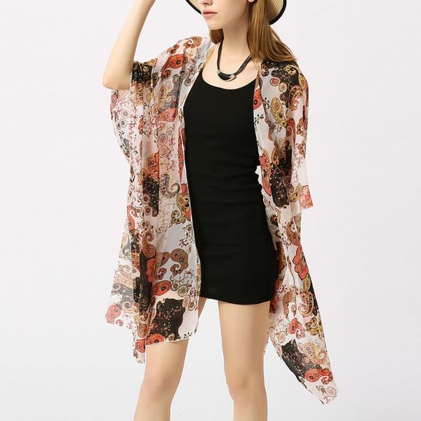 

boho chiffon cardigan thin sunscreen print beach blouse prevent bask cover for female women camisa casaco #15 women's blouses & shirts, White
