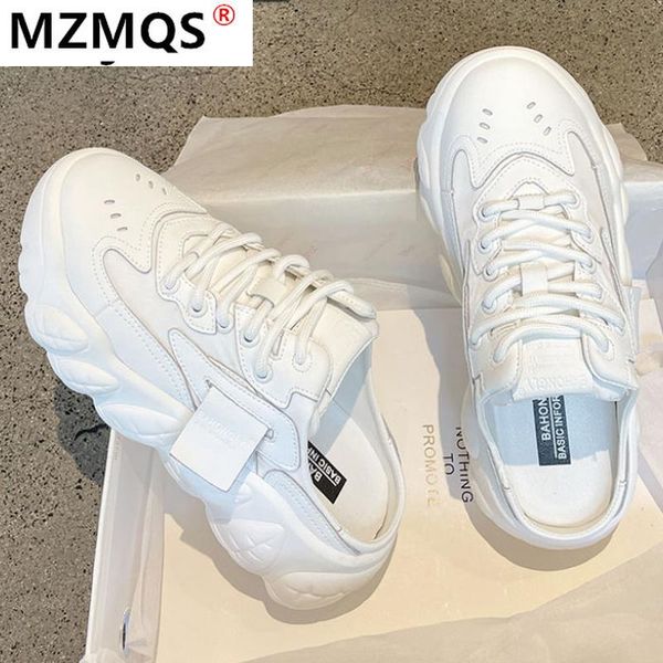

women's shoes 2021 fashion covered toe half slippers platform sneakers spring color matching lace-up casual, Black