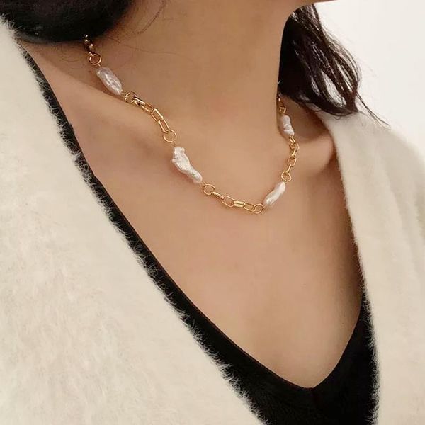 

fashion irregular freshwater pearls necklace punk chain stitching trendy jewelry women luxury banquet accessories choker chokers, Golden;silver