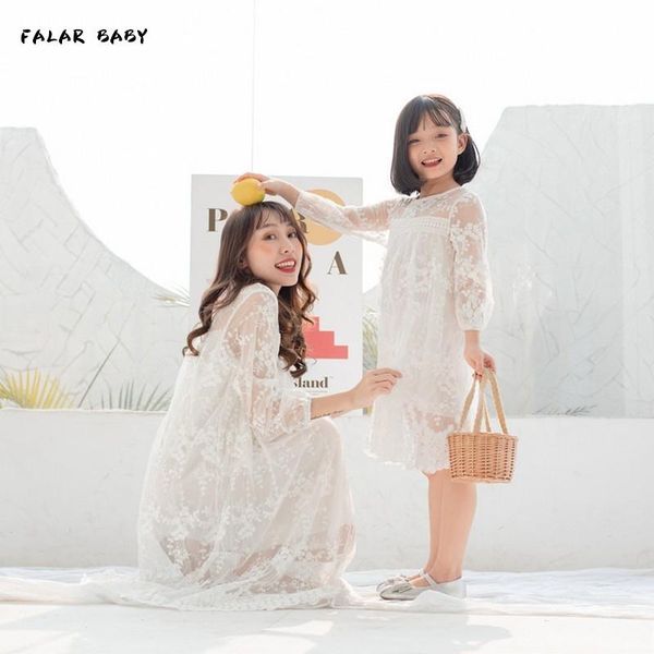 

family matching outfits mother daughter dresses 2021 lace hollow clothes look girl and mom clothing loose dress elegant, Blue