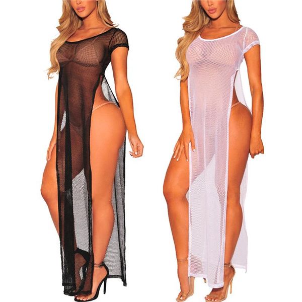 

women's swimwear 2021 women hollow-out bikini cover ups solid color short sleeve side split see through dress for summer bench wear, White;black
