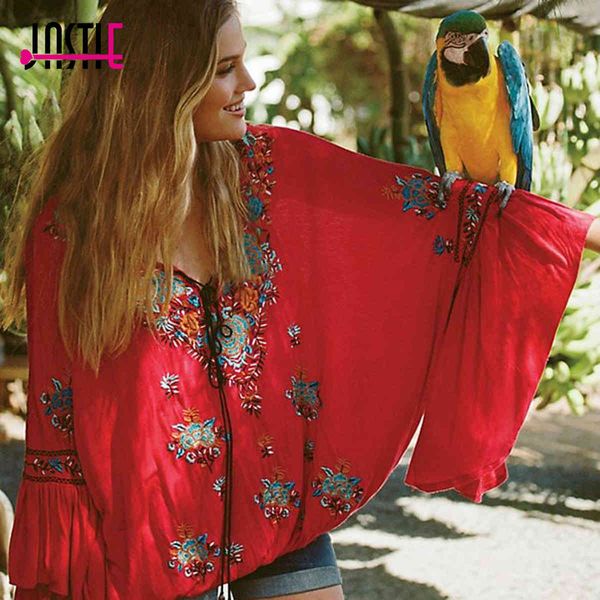 

t shirts siren song women vintage embroidery floral ruffle cuffs v-neck beach casual loose shirt boho blusas vc0b, White