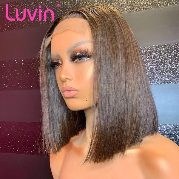 

luvin bone straight short bob lace human hair wigs brazilian 4x4 closure frontal wig plucked remy glueless for black woman, Black;brown