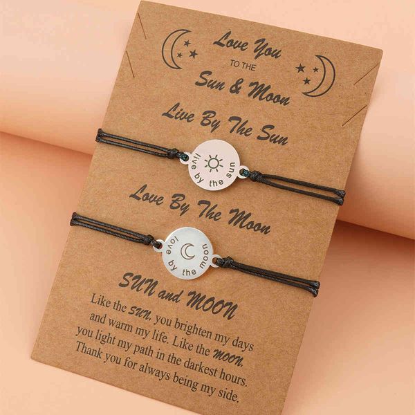 

handmade braided black rope bracelet stainless steel sun&moon charm bracelets for women men pinky promise card bracelet, Golden;silver