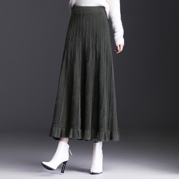 

skirts 2021 autumn & winter thick elastic high waist slimming simple versatile casual female a-line woolen long skirt, Black
