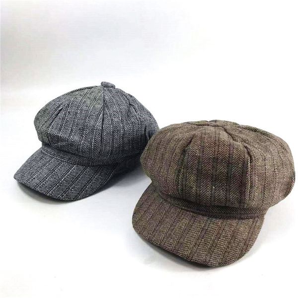 

hat female beret autumn winter fashion british painter octagonal hat wool striped children's hat, Blue;gray