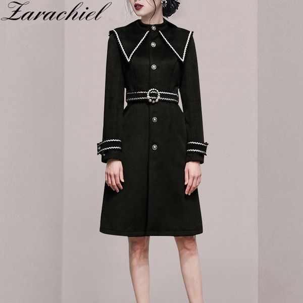 

women's wool & blends autumn winter women long coat female black big lapel full sleeve single breasted lace up belt pocket outerwear