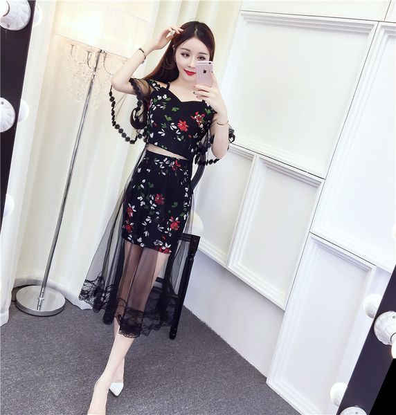 

summer net stitching women suit female french fashion print sling shirt net veil skirt two-piece outfit 210515, White