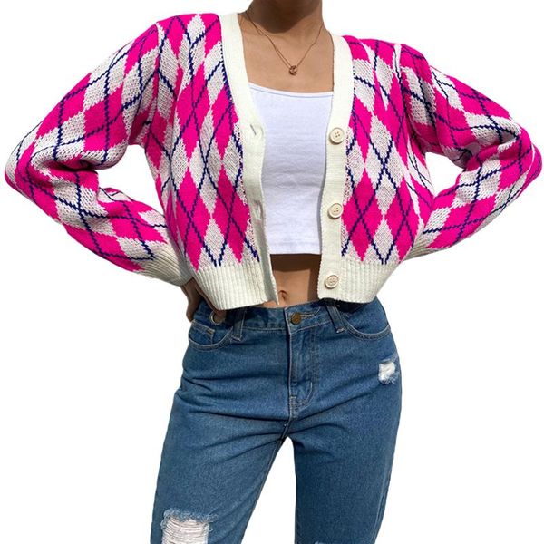 

women's jackets 2021 spring fashion argyle pattern open stitch crop loose long sleeve v-neck single-breasted short cardigan, Black;brown