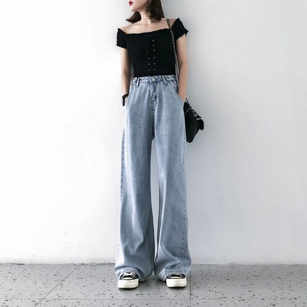 

women's jeans wide leg high waisted cec loose fit small elegant same style drop feeling straight floor pants summer thin, Blue