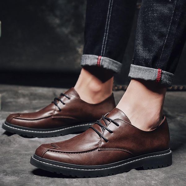 

dress shoes men casual natural leather brand men's british style business flat breathable office wedding comfy schoes, Black