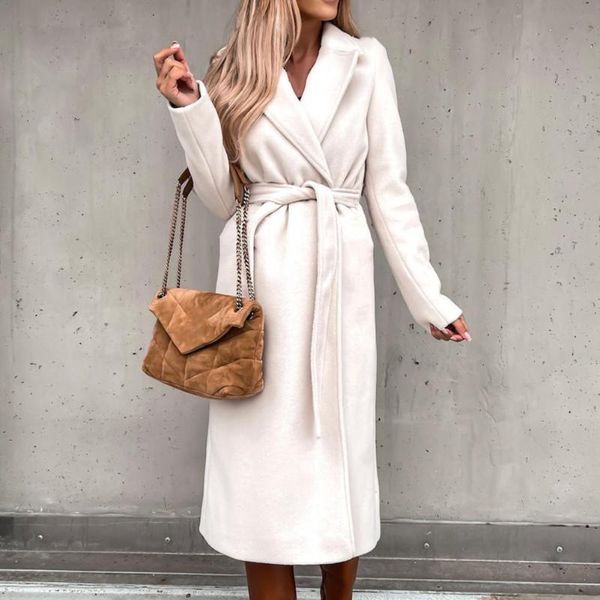 

women's trench coats women oversize coat solid color belt autumn winter turndown collar split hem overcoat waist tied for office daily, Tan;black