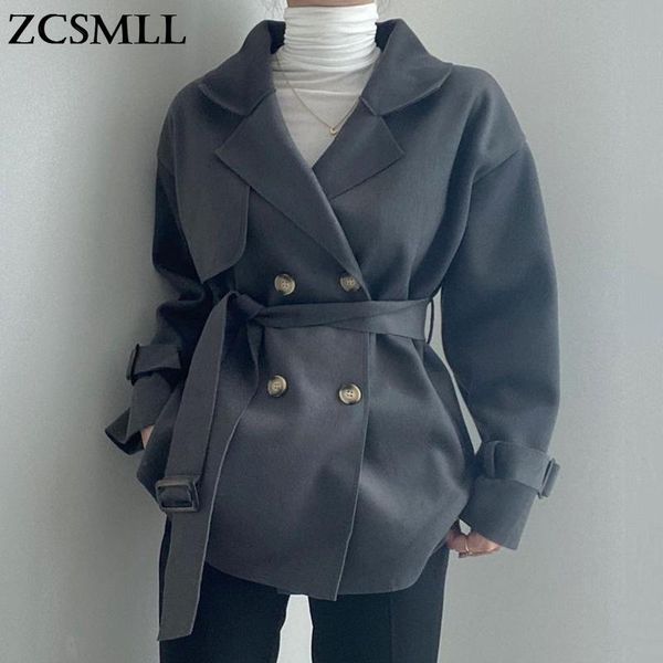 

women's wool & blends zcsmll korean french vintage suit collar design double-breasted lace-up waist pocket long-sleeved woolen coat wom, Black