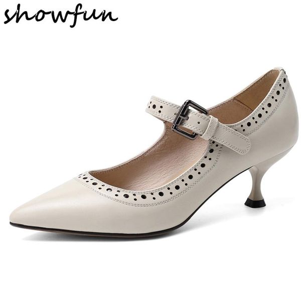 

dress shoes women's genuine leather metal buckle mary jane pumps carving elegant ladies slim evening pointed toe high heel, Black