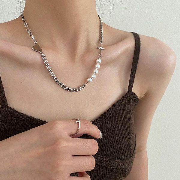 

chains light luxury and niche design pearl necklace, hip-hop cool wind clavicle chain, simple women's neck chain, Silver