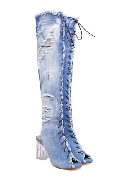 

sandals women peep toe transparent high-heeled long denim lace-up boots summer side zipper ladies roman shoes versatile, Black
