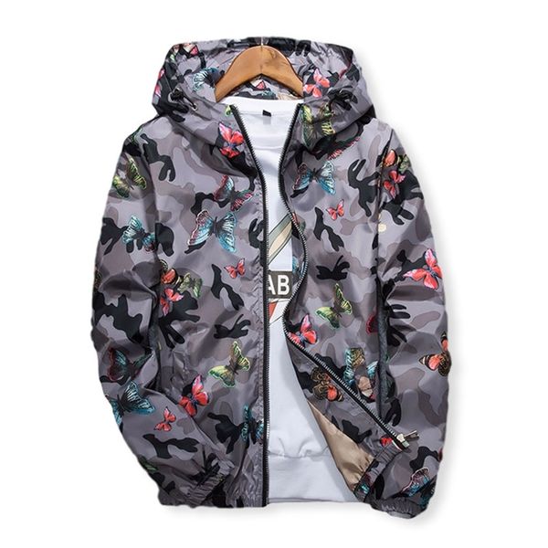 Hohe Qualität Frauen Windjacke Frühling Sommer Camo Dünne Weibliche Camouflage Schmetterling Windjacke Mäntel Mit Kapuze 210518