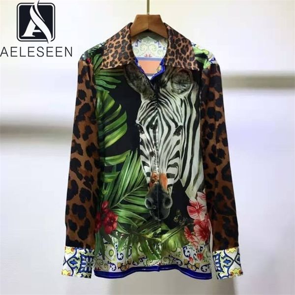 Aeleseen Lüks 100% Dimi İpek Gömlek Bahar Pist Moda Leopar Hayvan Baskı Ofis Bayanlar Parti Zarif Bluz XXXL 210323