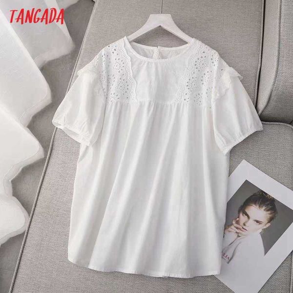 

tangada women lace patchwork white cotton shirts short sleeve solid o neck ladies casual blouses ze11 210609
