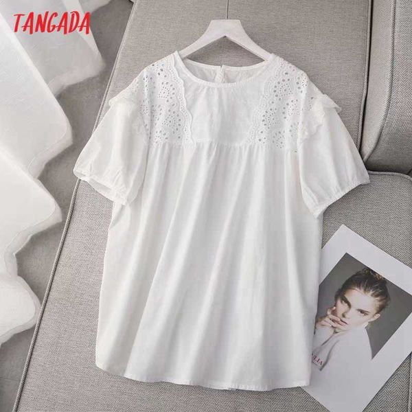 Tangada Donna Pizzo Patchwork Camicie in cotone bianco Manica corta Solid O Collo Camicette casual da donna ZE11 210609