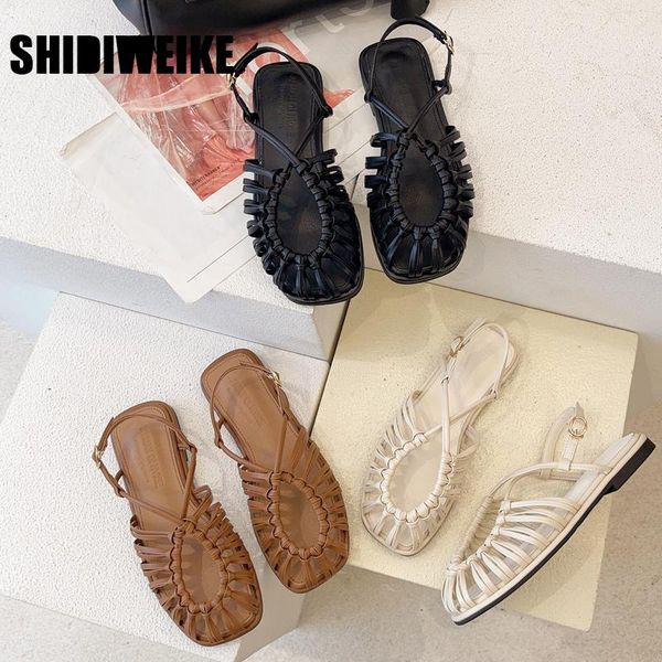

women leather shoes summer sandals buckle strap hollow out beach cool ladies footwear size 35-40 vc506, Black