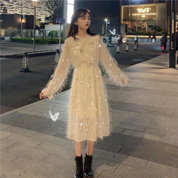 

casual dresses tassel fashion women dress sweet long sleeve bow collar high waist mesh patchwork ladies preppy style vestidos black f2809, Black;gray