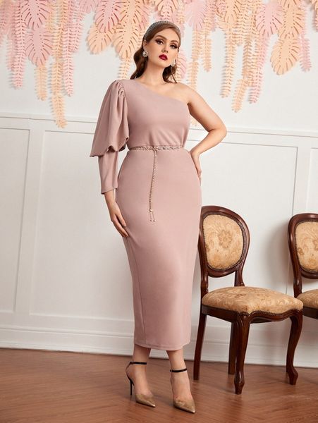 

plus one shoulder gigot sleeve split hem dress x50g#, Black