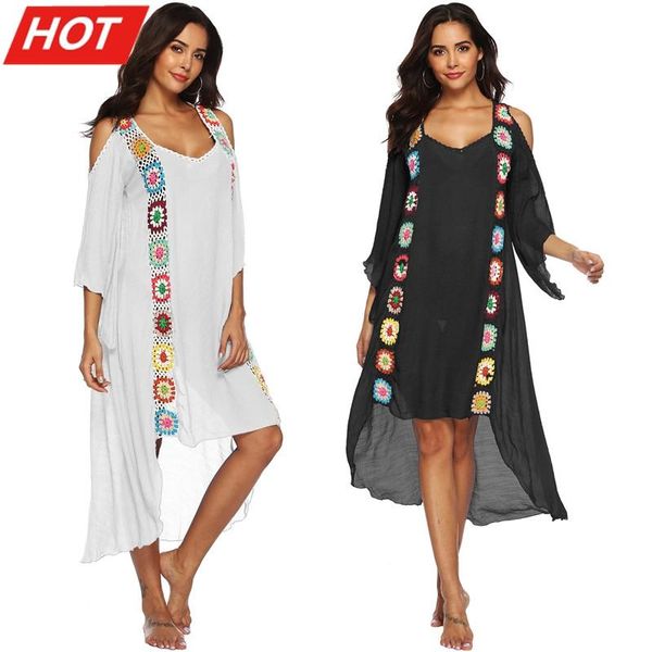 

long sleeve summer beachwear 2021 kaftan tunic beach dress women bikini cover-ups swimsuit cover up boho plus size party dresses women', White;black