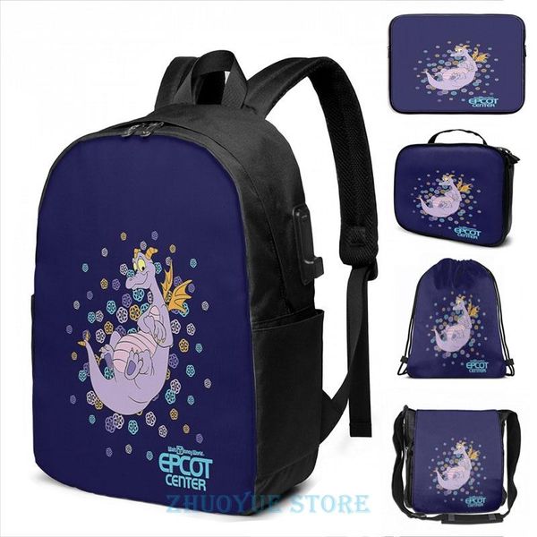 

backpack funny graphic print epcot center confetti figment usb charge men school bags women bag travel laptop