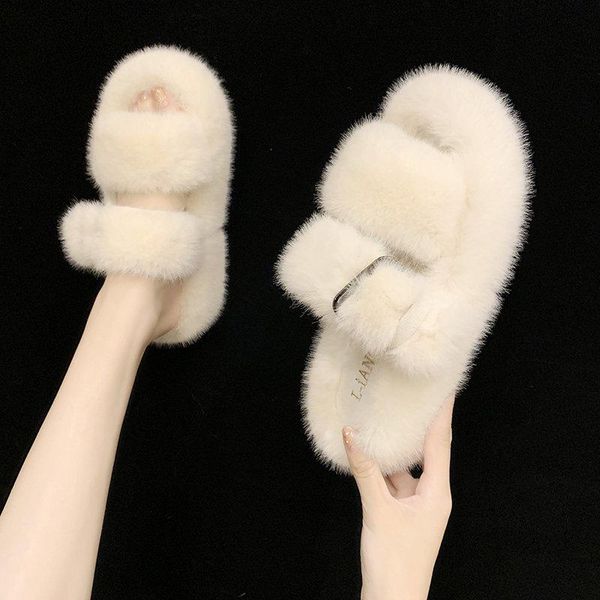 

slippers fur shoes woman's slides low fashion platform flock plush 2021 massage luxury rubber basic hoof heels, Black