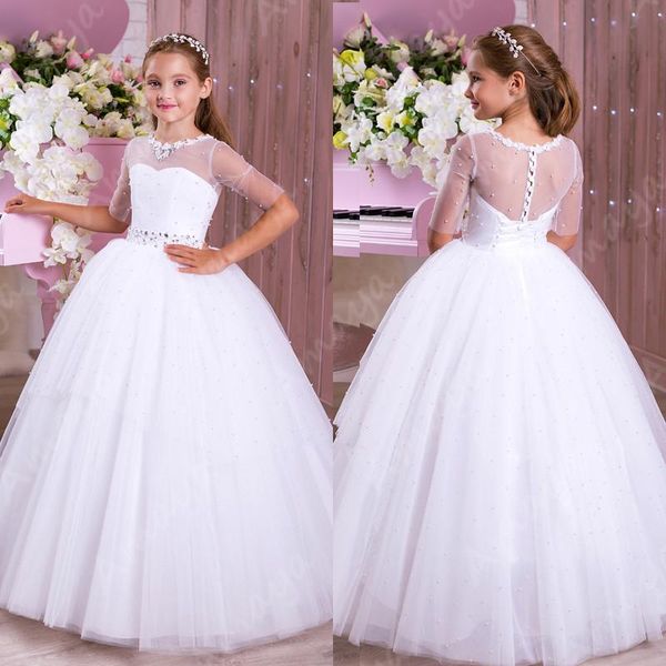 

white tulle puffy first communion gowns o neck beaded crystal pageant half sleeves vestidos niÃ±as flower girl dresses girl's, Red;yellow