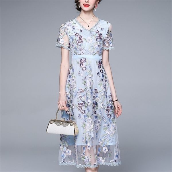 

fashion designer dress summer women's short sleeve mesh flowers embroidery vintage elegant es 210603, Black;gray
