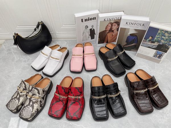 Square-Toe Retro Baotou Meio-reboque Deslizadores Ao Ar Livre Sapatos De Couro Crocodilo Padrão Cadeia Mocassins Muller Sandálias