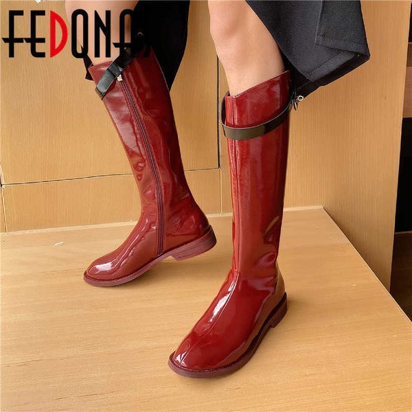 

zipper buckle straps knee high boots side thick botton round toe shoes woman heels wedding party winter 210528, Black