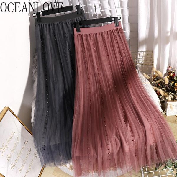 

skirts oceanlove gauzy beading 2021 mesh high waist women spring autumn solid a-line retro long skirt pleated faldas 14058, Black