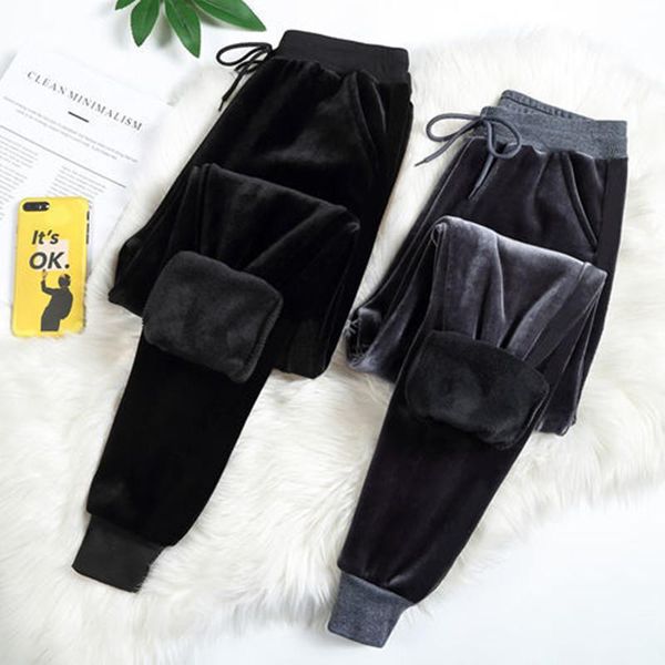 

women winter lamb fur cashmere slim pants casual warm harem lined fleece autumn sweatpants women's & capris, Black;white