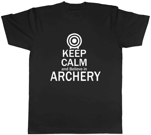 

Keep Calm and Believe in Archery Mens Unisex T-Shirt Tee, White;black