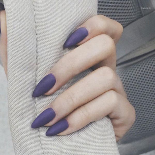 

the europe and united states beam full cover press on nails solid color fashion dark purple stiletto fake with glue1, Red;gold