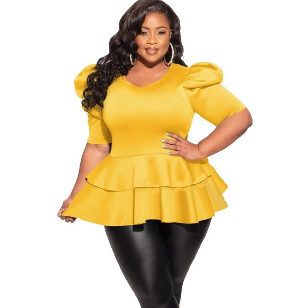 Plus size 4xl mulheres blusas lanterna manga curta ruffles tops para senhoras escritório verão amarelo roxo roxo moda africano camisas 210527