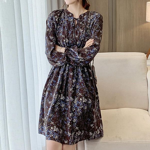 

women retro mid-length slim dress spring autumn fashion temperament female v-neck lantern long sleeve floral dresses casual, Black;gray