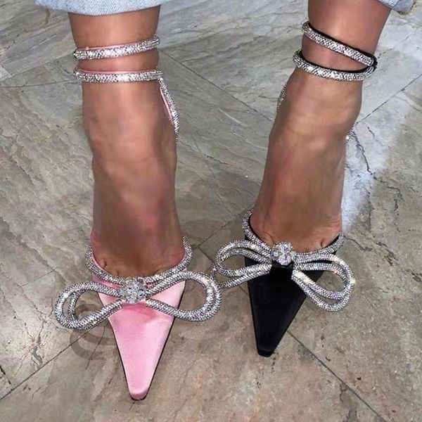 Glitzer Bowtie Pointy Toe Sandalen Frau Bling Knöchelgurt Damen Schuhe Gladiator High Heels Schwarze Schnürpumpe