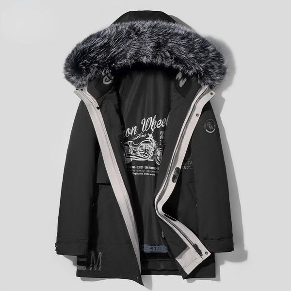 

men's leather & faux winter parkas warm thick real fur liner jacket men autumn 2021 hooded collar male coats veste homme gxy972, Black