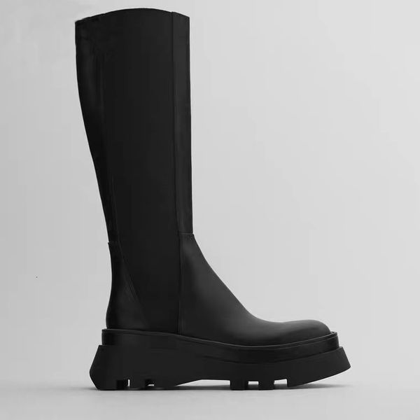 

zar# women's sho black groove sole smoke tube flat bottom knee length boots