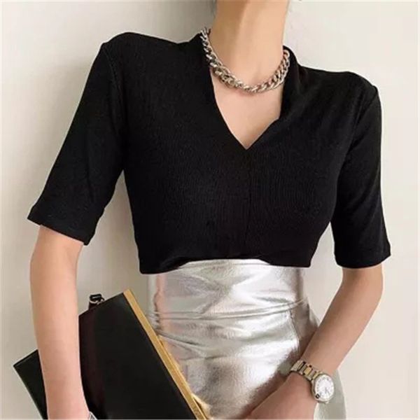 

women's t-shirt black slim short sleeves elastic stylish new basewear office lady streetwear femme casual prom basic t-shirts, White