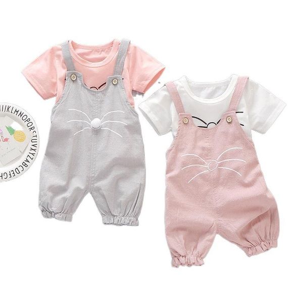 

clothing sets 2pcs toddler girl clothes set baby cartoon cat printed suit short sleeve + overall solid color outfits, White
