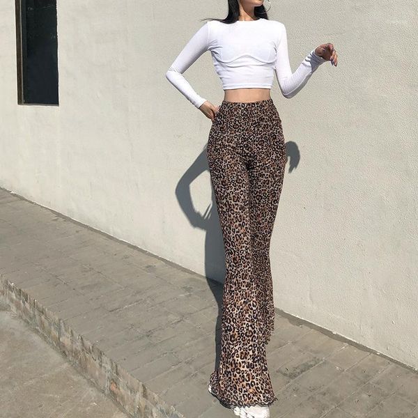 

women's pants & capris y2k brown women elastic high waist vintage flare leopard pattern double layer mesh e girl aesthetic trousers, Black;white