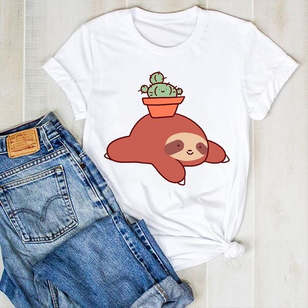 

plant fashion sloth cute summer women cactus tee clothes graphic, White