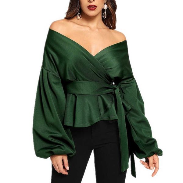 

v-neck waist office lady elegant lantern sleeve surplice off the shoulder solid blouse shirt women autumn women 210603, White