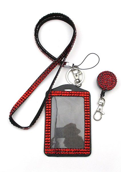 

2021 rhinestone bling lanyard crystal diamond necklace neck strap with horizontal lined id badge holder and key chain for id/key/cell phone, White